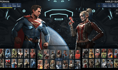 Snímka obrazovky z hry Injustice 2, zobrazujúca postavy Supermana a Harley Quinn na výberovej obrazovke postáv.