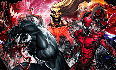 Grafika z Marvel komiksu zobrazujúca postavy Knull, Venom a Carnage