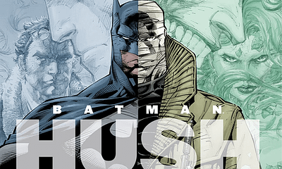 Batman a jeho nepriateľ Hush rozdelení na dve polovice tvoriace komiksovú obálku „Batman: Hush.“