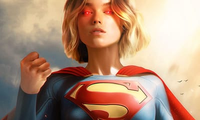 Milly Alcock ako Supergirl s červenými žiariacimi očami a červeným plášťom, fanart k filmu „Supergirl: Woman of Tomorrow.“