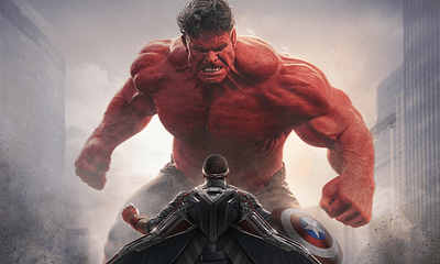 Plagát k filmu "Captain America: Brave New World" zobrazujúci Anthonyho Mackieho ako Kapitána Ameriku a Harrisona Forda ako Red Hulka počas epickej konfrontácie.
